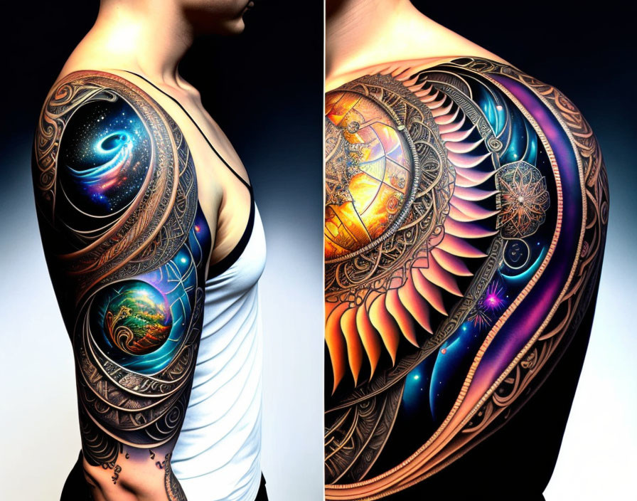 Colorful cosmic-themed sleeve tattoo with galaxy motifs and geometric patterns