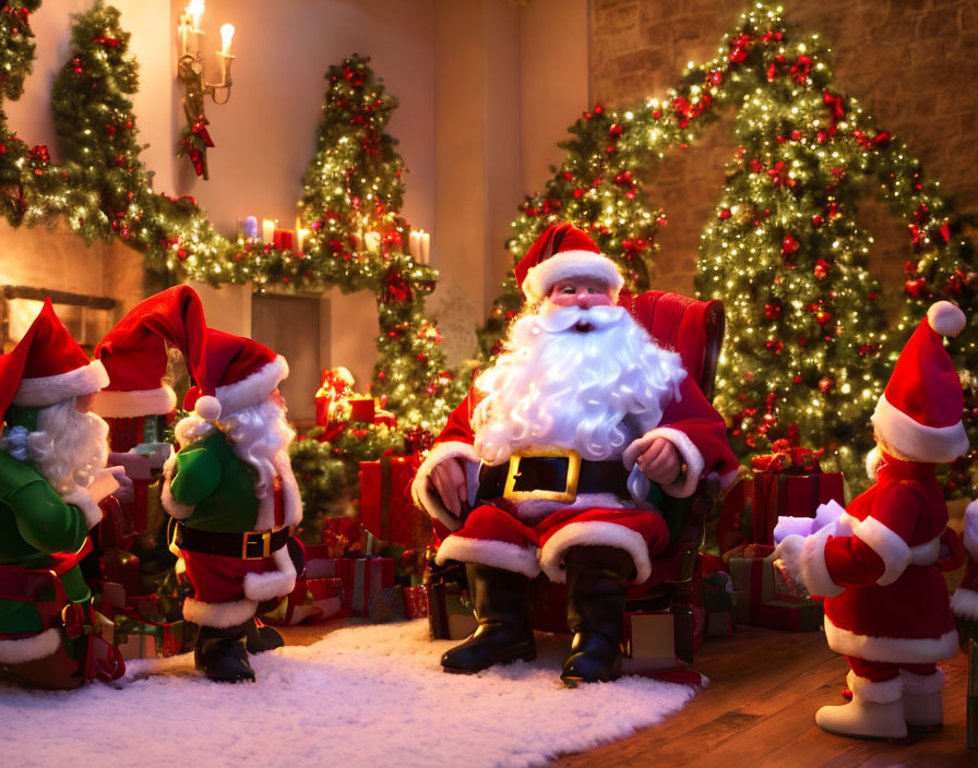 Festive scene with Santa, elves, Christmas trees, and fireplace