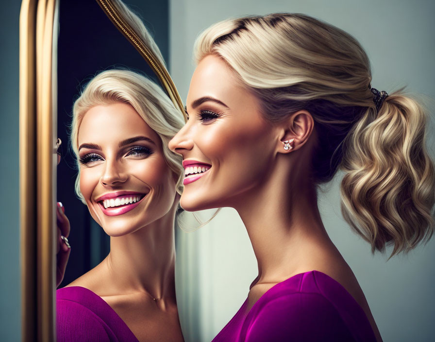 Blonde woman in purple dress admires reflection in mirror