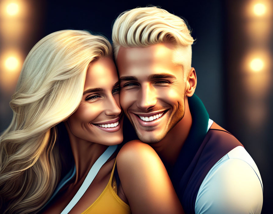 Illustrated Couple Embracing with Stylish Hair and Warm Lights