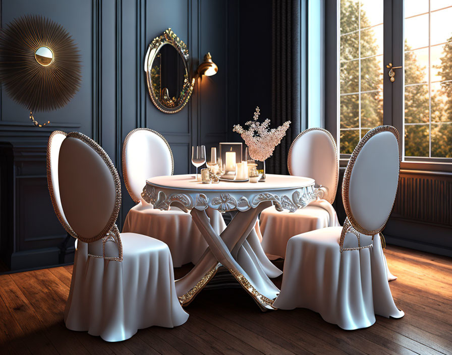 Sophisticated dining room with round table, white cloth, ornate chairs, candlelit dinner,