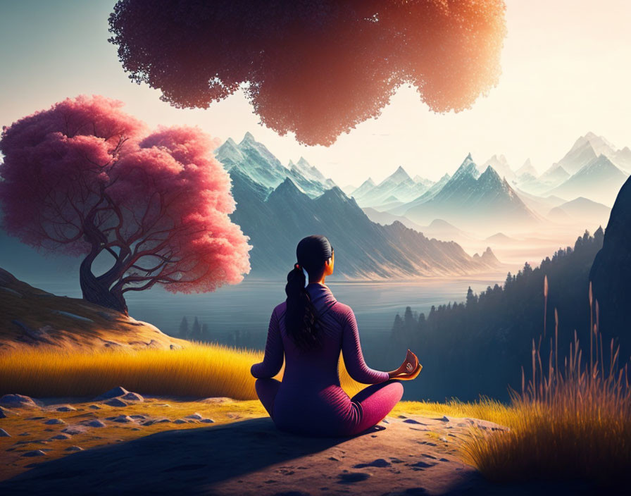 Person meditates under pink tree on hill at sunset with serene mountain view