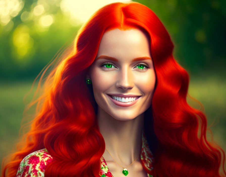 Smiling woman with red hair and green eyes in patterned outfit