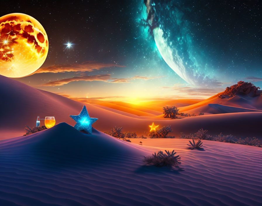 Surreal desert landscape with moon, lanterns, drink on sand dune