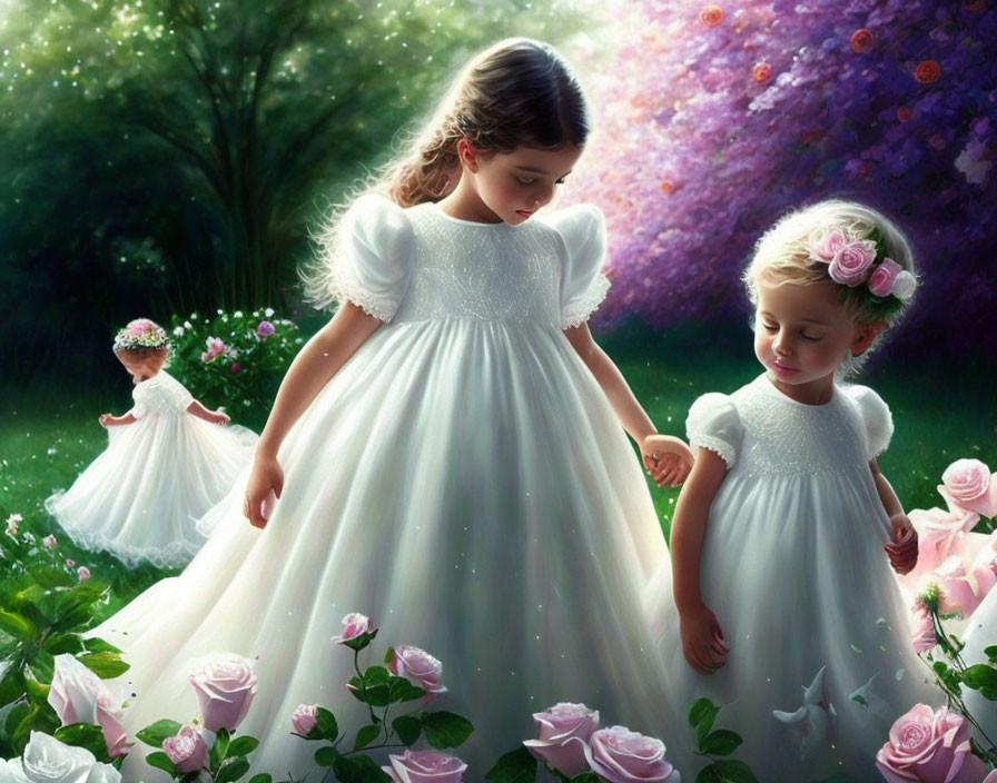 Three Girls in White Dresses Among Roses in Dreamy Garden