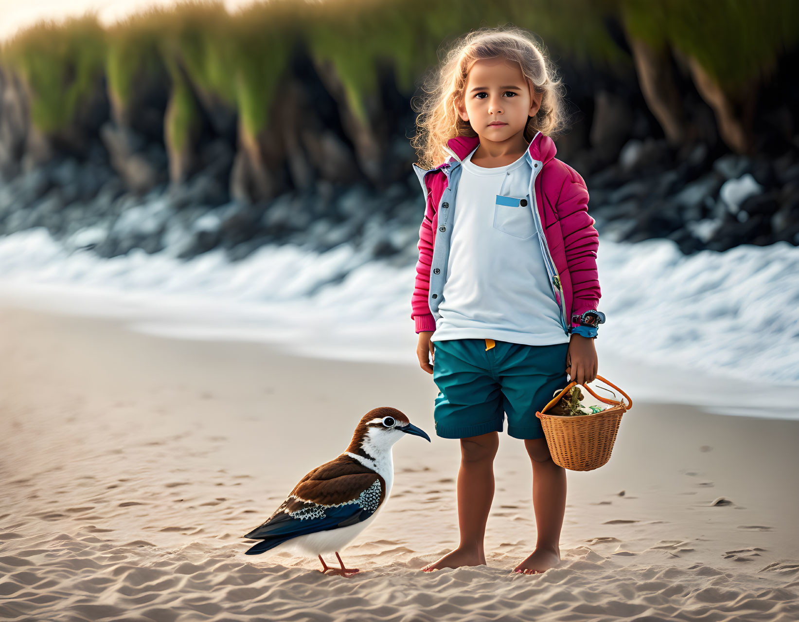 Child with basket on sandy beach beside bird and rocks.