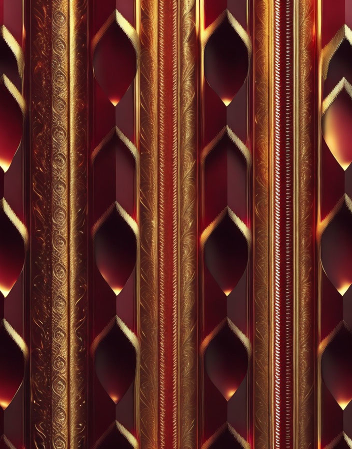 Red and Gold Ornate Vertical Groove Wallpaper with Detailed Design