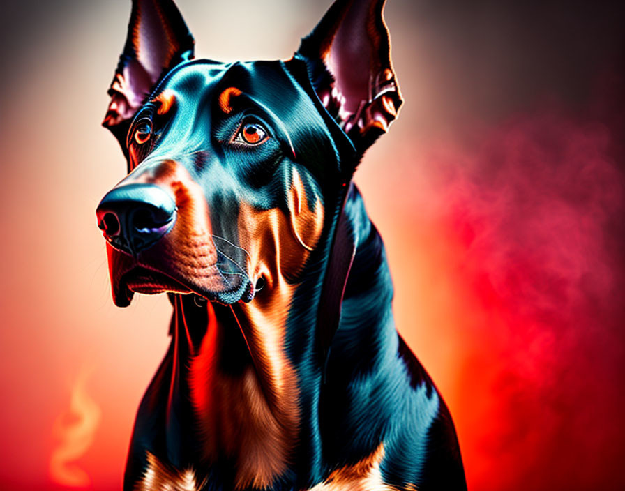 Doberman Pinscher with Glossy Coat on Red and Orange Background