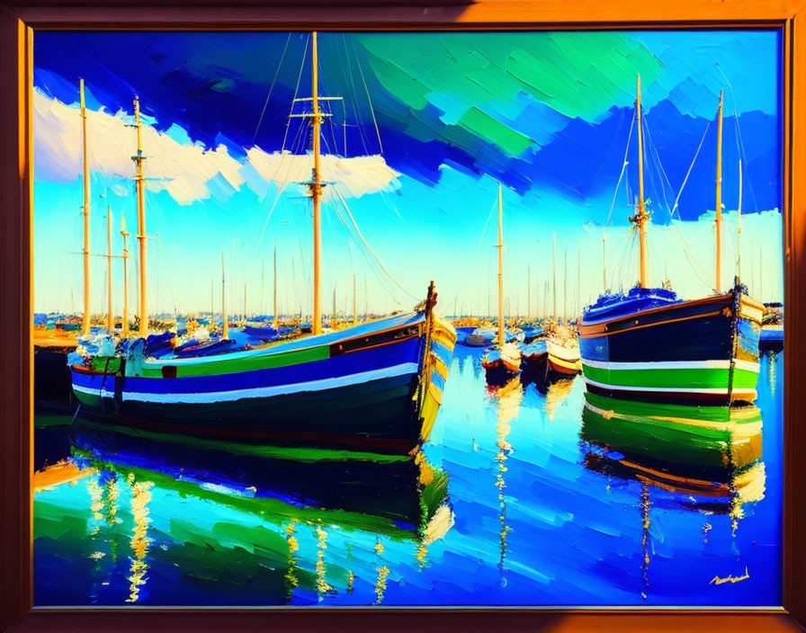 Dynamic Blue Tones in Expressive Boat Harbor Painting