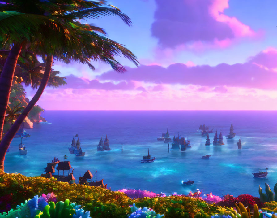 Vivid Sunset Over Tropical Paradise with Palm Trees, Coral, Huts, and Sailing Ships