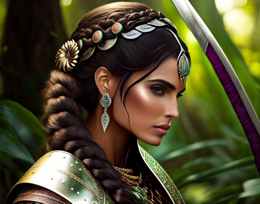 Braided hairstyle woman with sword and ornaments in lush green setting