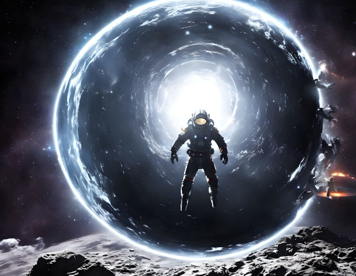 Astronaut floating in space with cosmic vortex and rocky terrain