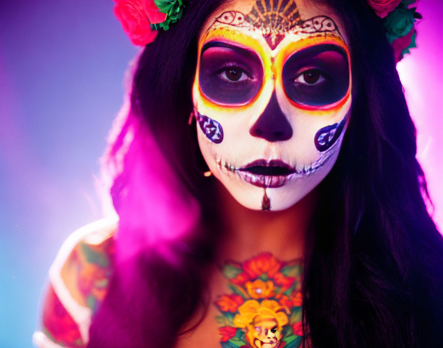 Vibrant Day of the Dead makeup with floral headpiece and skull face paint.