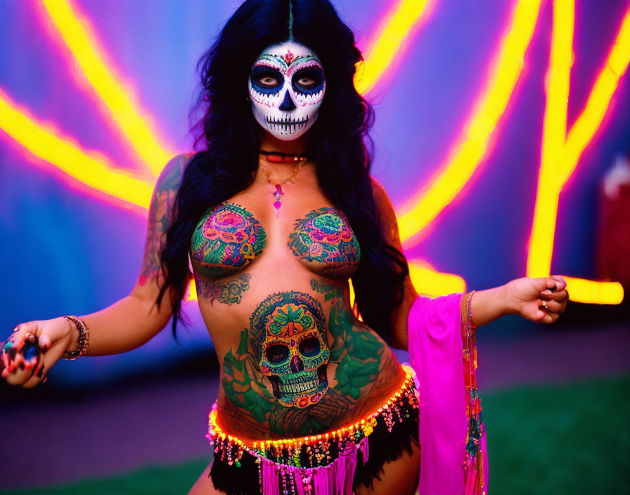 Woman with Dia de los Muertos face paint and vibrant body art in colorful costume under neon lights