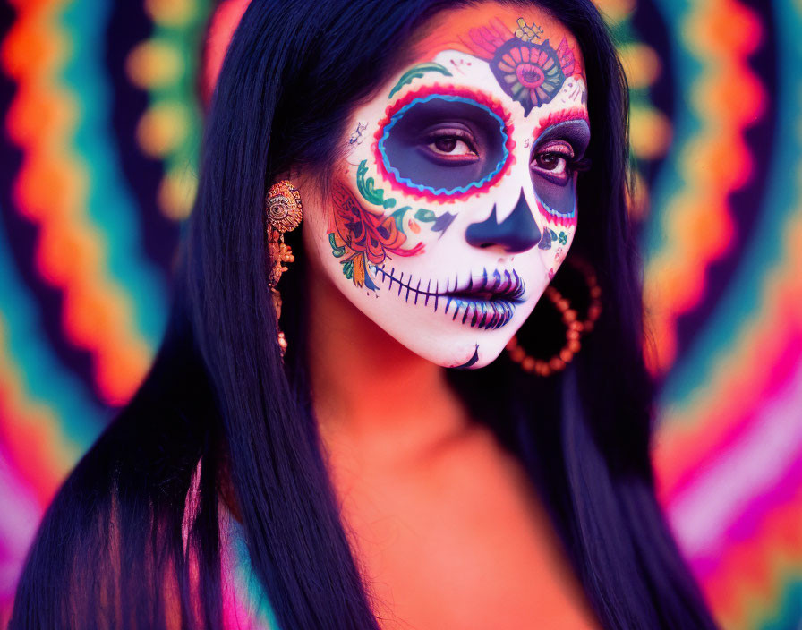 Detailed Day of the Dead makeup with skull patterns and vibrant colors