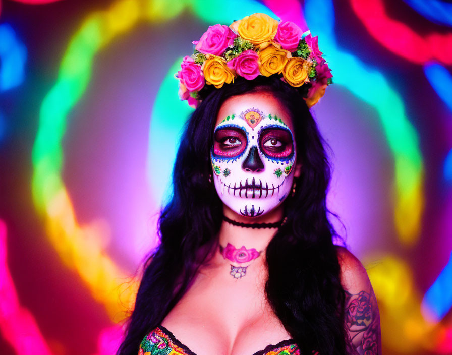 Colorful Skull Face Paint and Floral Crown Against Psychedelic Background