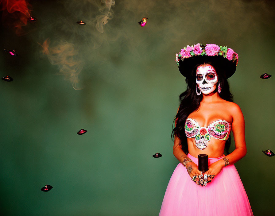 Skull makeup and floral headdress on person symbolizing Dia de los Muertos