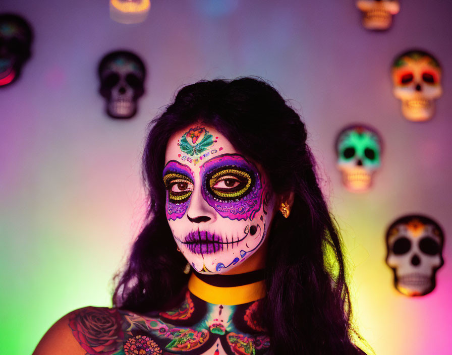 Elaborate Skull Makeup Against Colorful Dia de los Muertos Backdrop