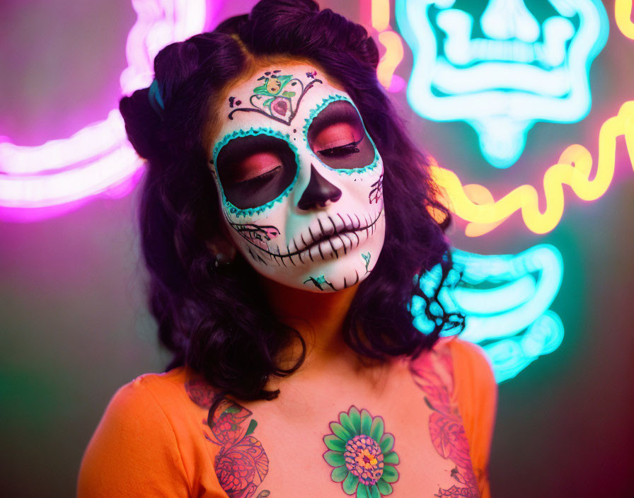 Skull Face Makeup and Tattoos Against Neon Backdrop