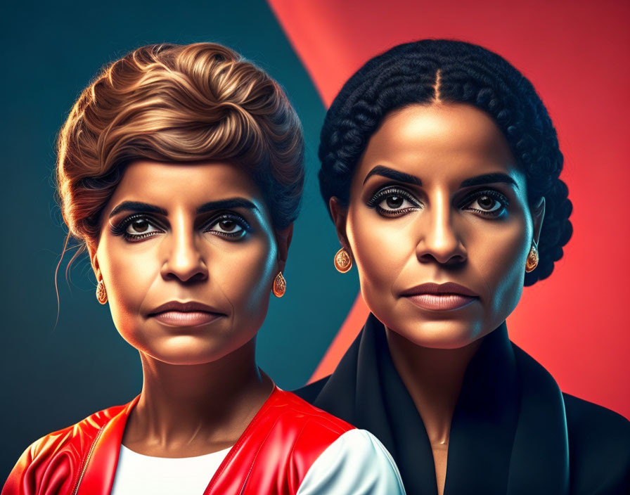 Stylized hair and makeup on two women against split red and blue backgrounds