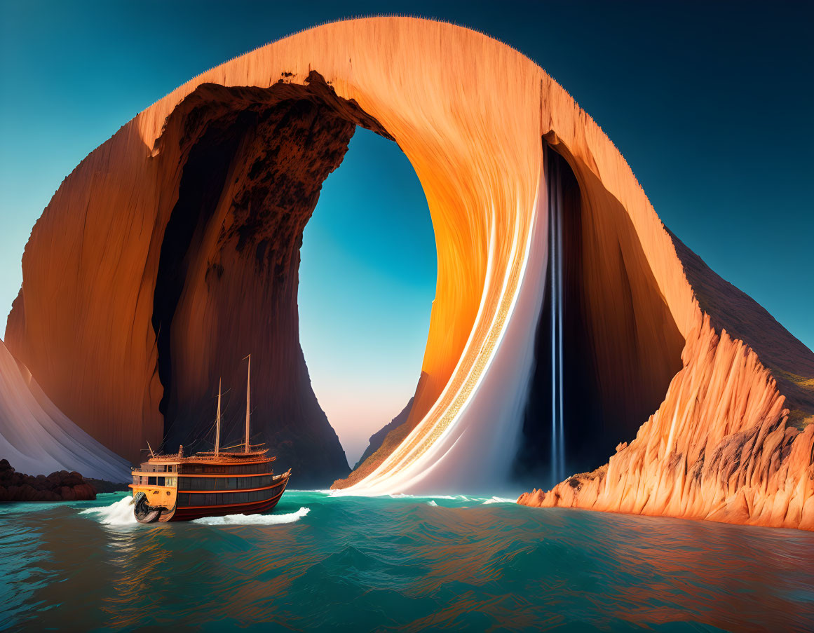 Sailboat near massive rock arch with waterfall in turquoise waters