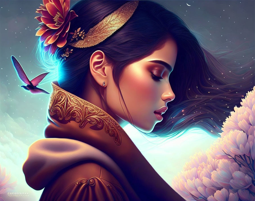 Digital artwork featuring woman with floral hair and hummingbird.