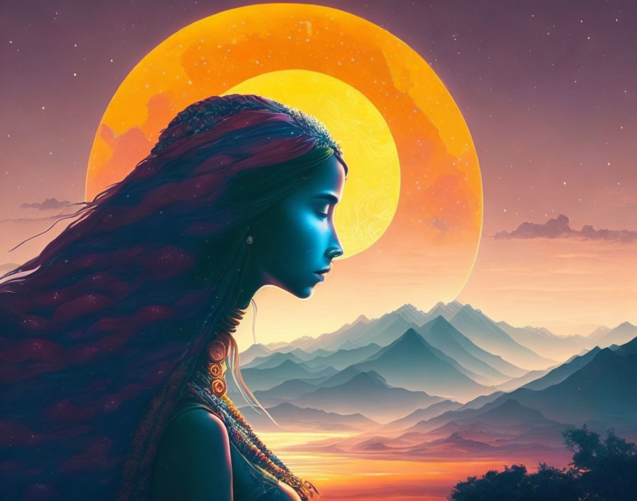 Woman's profile with intricate jewelry in surreal moonlit landscape