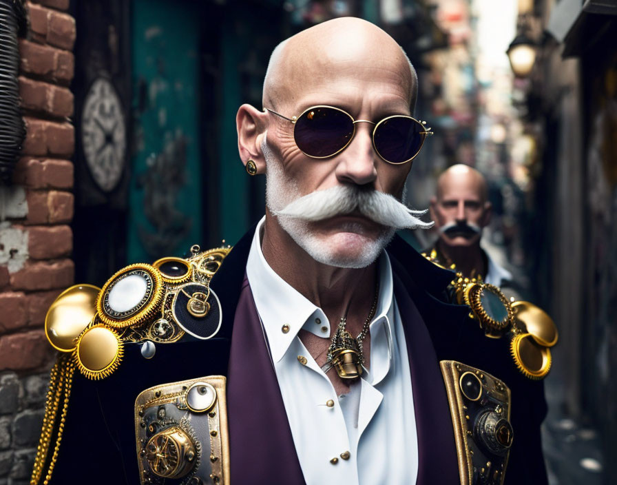 Bald man with white mustache in steampunk attire with golden goggles