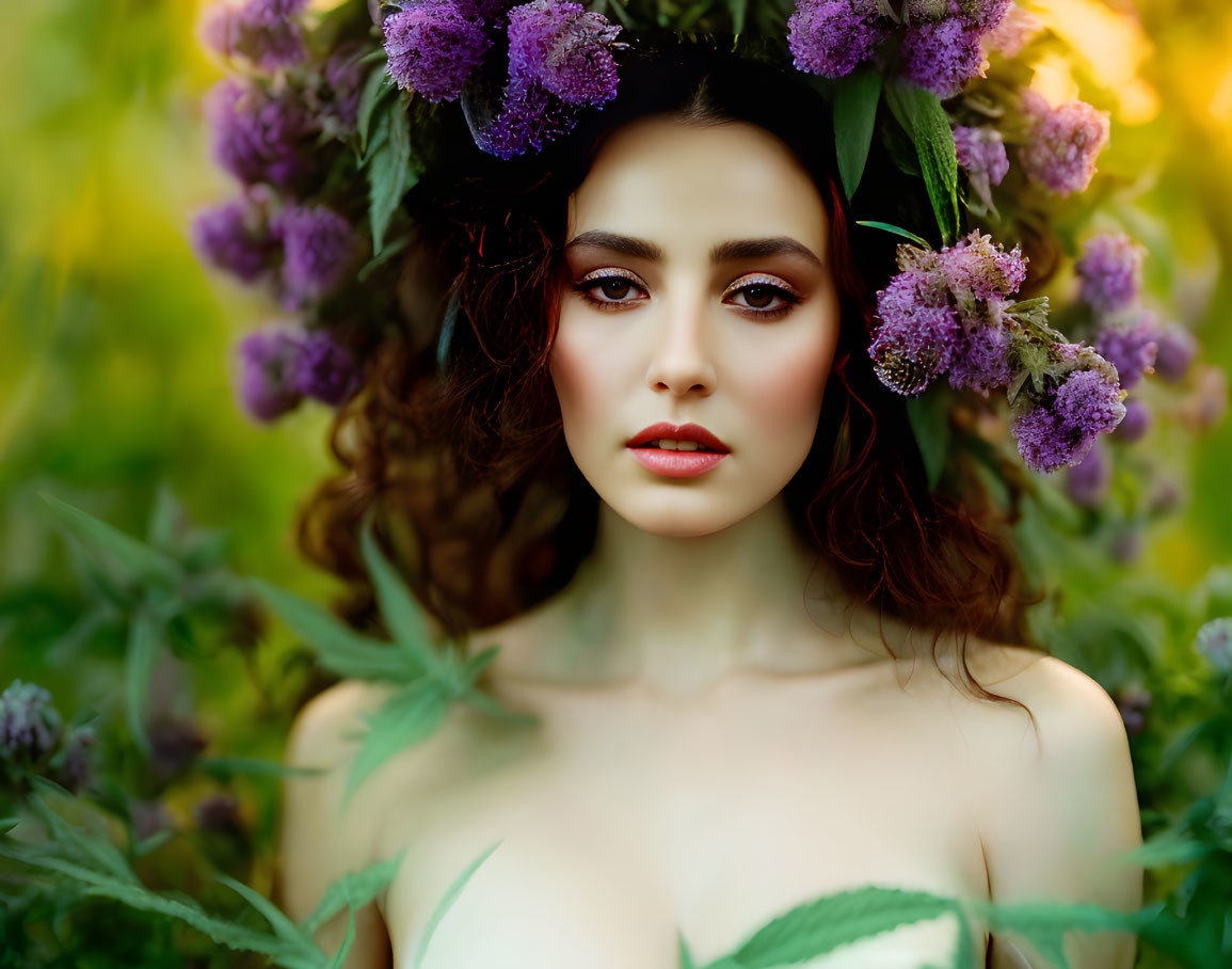 Portrait of Woman with Purple Floral Wreath in Green Nature