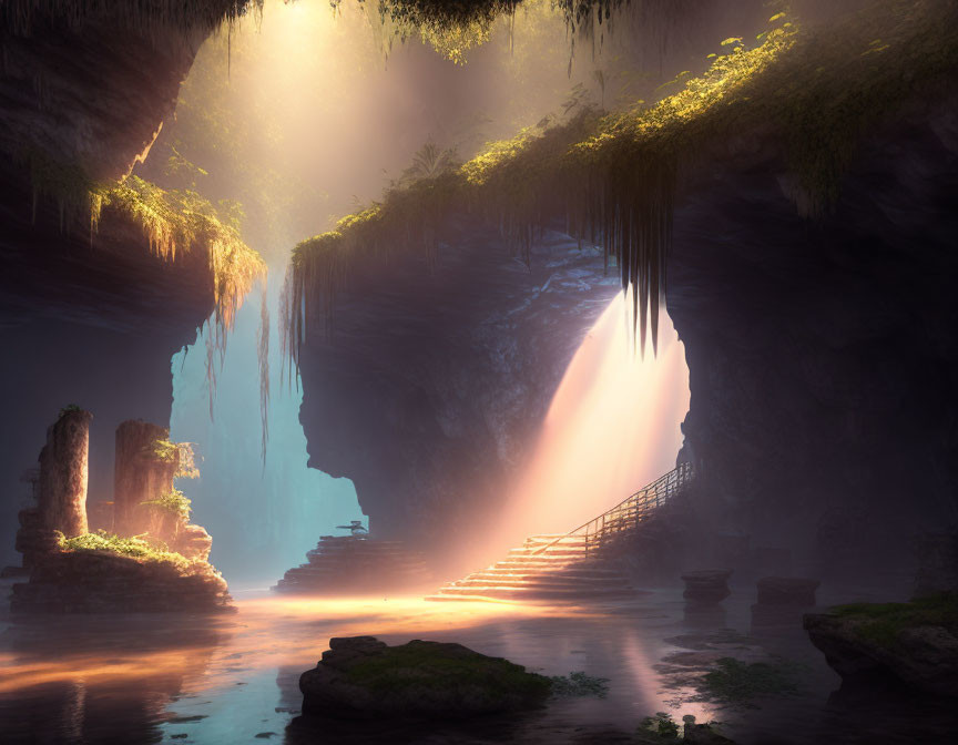 Tranquil cave with sunlit staircase, lush greenery, and water reflection