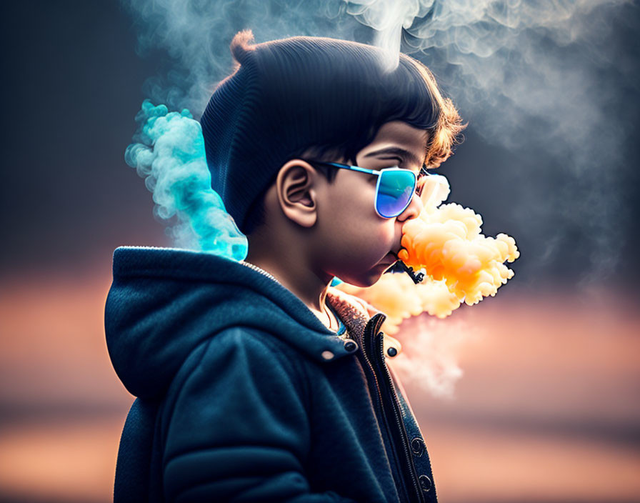 Child in sunglasses blows colorful smoke on blurred background