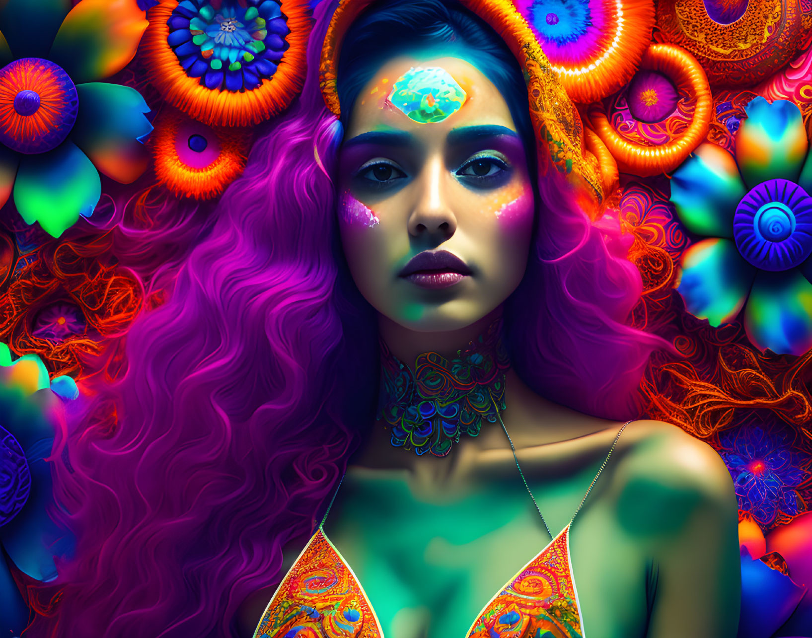 Vibrant purple hair woman with colorful makeup on psychedelic mandala backdrop