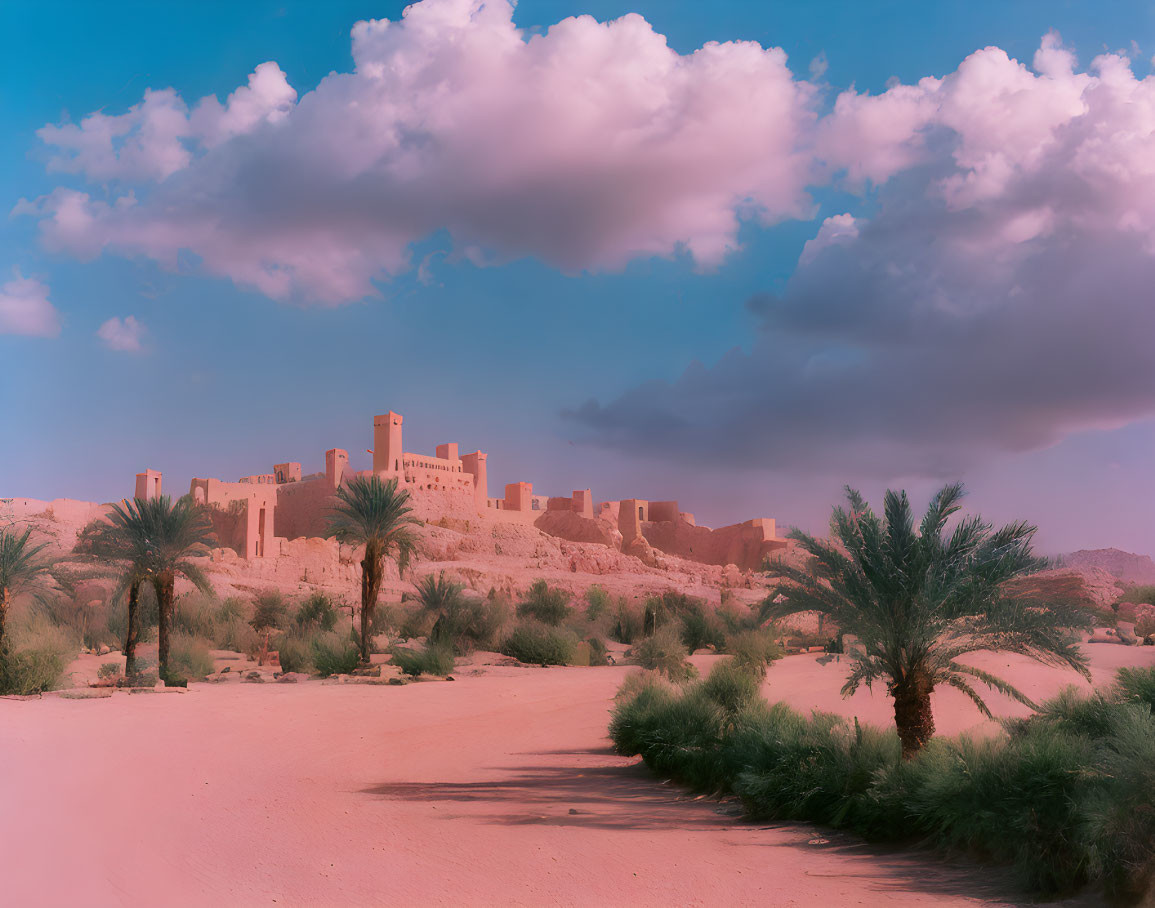 Ancient fortress with tall walls and towers in desert landscape