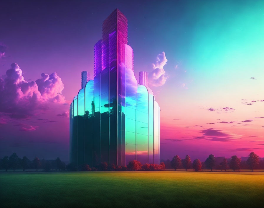 Futuristic cylindrical glass skyscraper at sunset