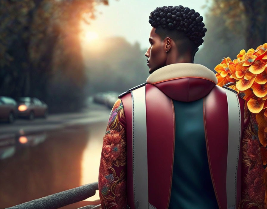 Unique Hairstyle and Colorful Floral Jacket in City Sunset Scene