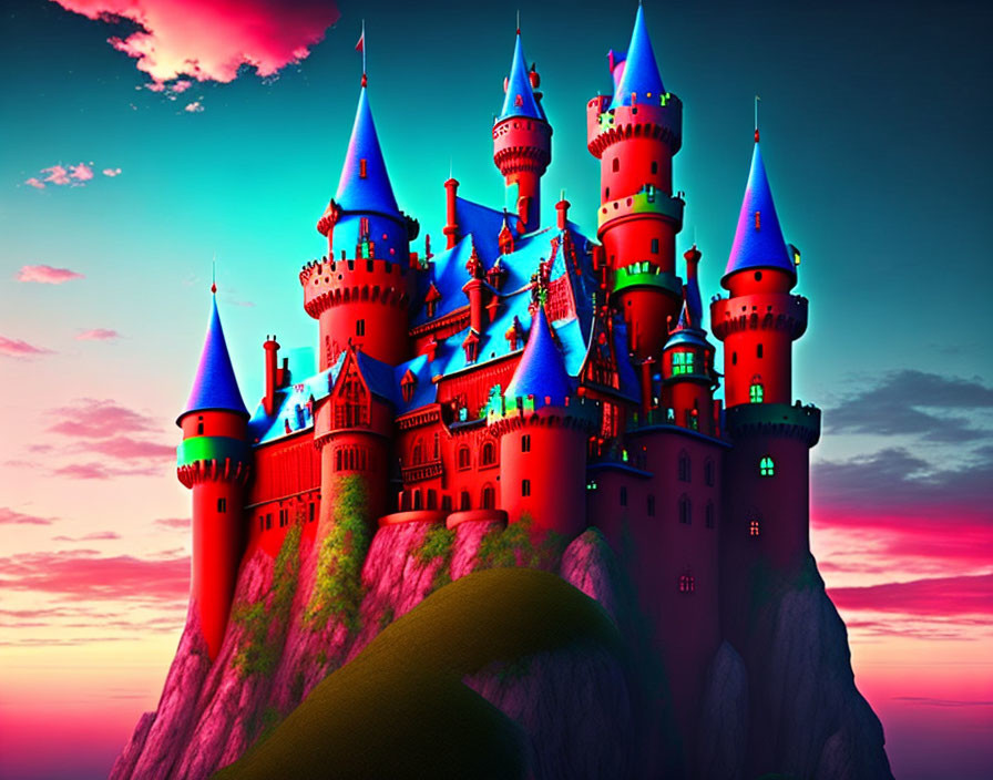 Fantastical castle with spires on rock formation at twilight