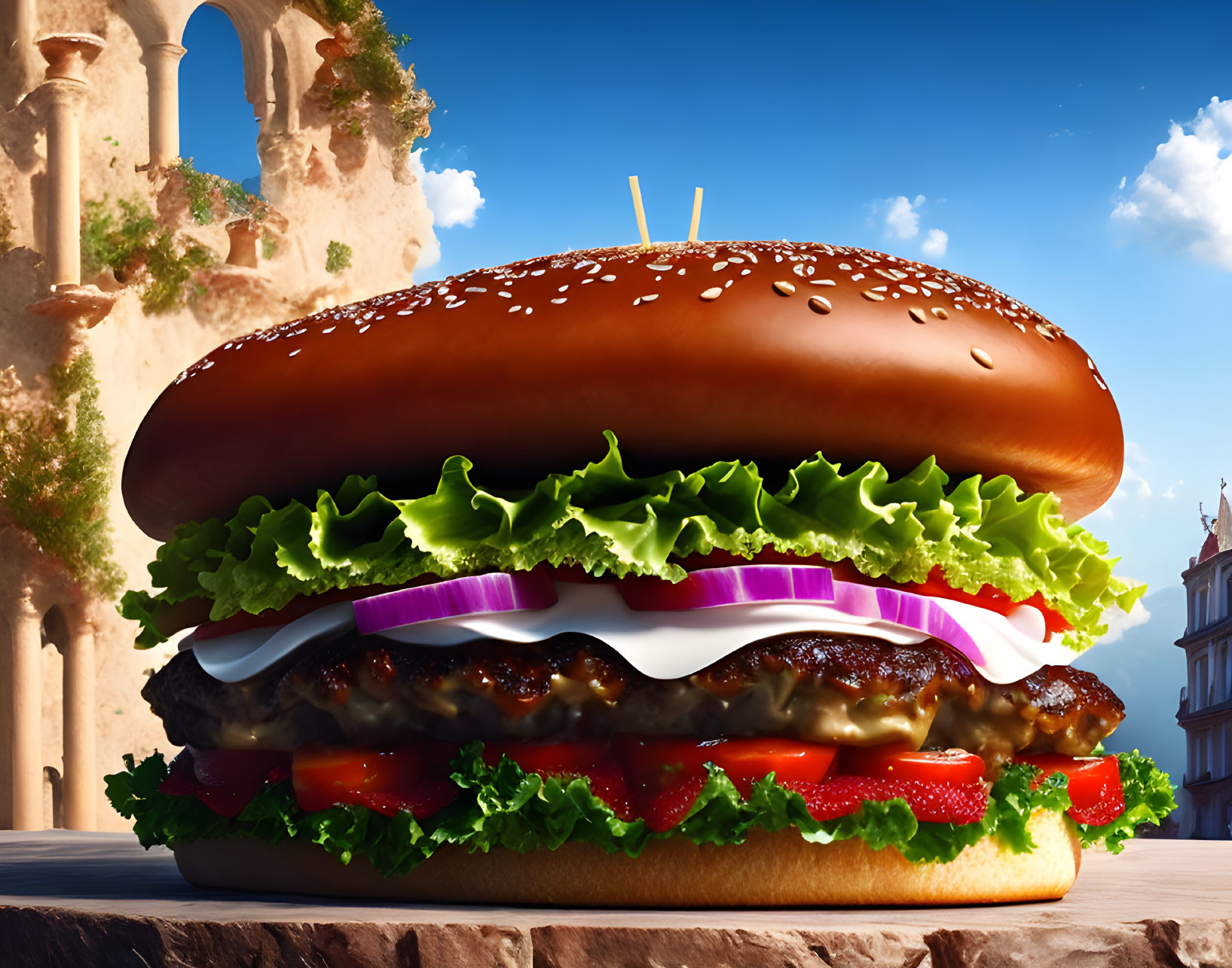 Succulent hamburger with classic toppings on sesame seed bun by historic building