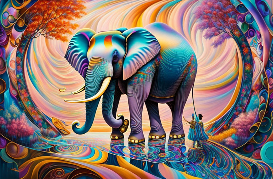 Colorful Psychedelic Elephant Artwork with Human Figure in Fantastical Setting