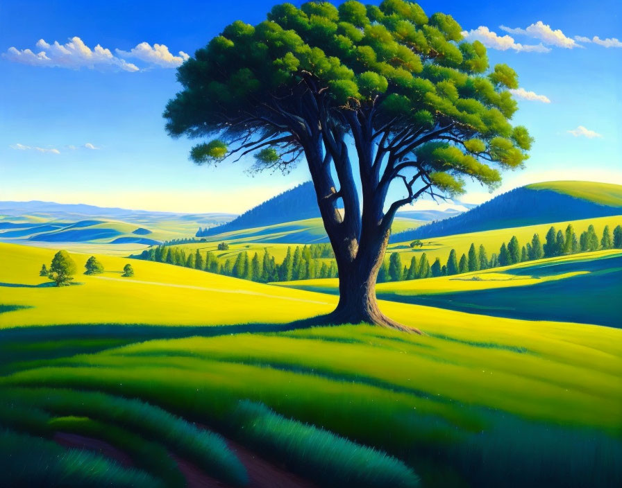 Serene landscape: vibrant painting of solitary tree under clear blue sky