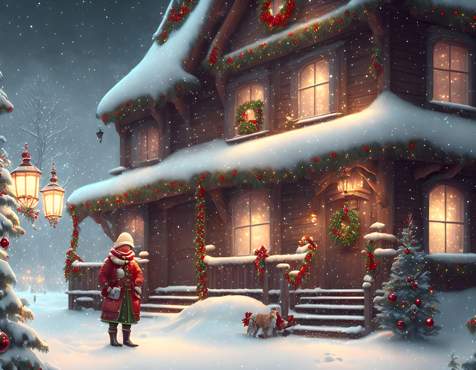 Person in Winter Clothing Standing in Front of Festively Decorated House on Snowy Evening