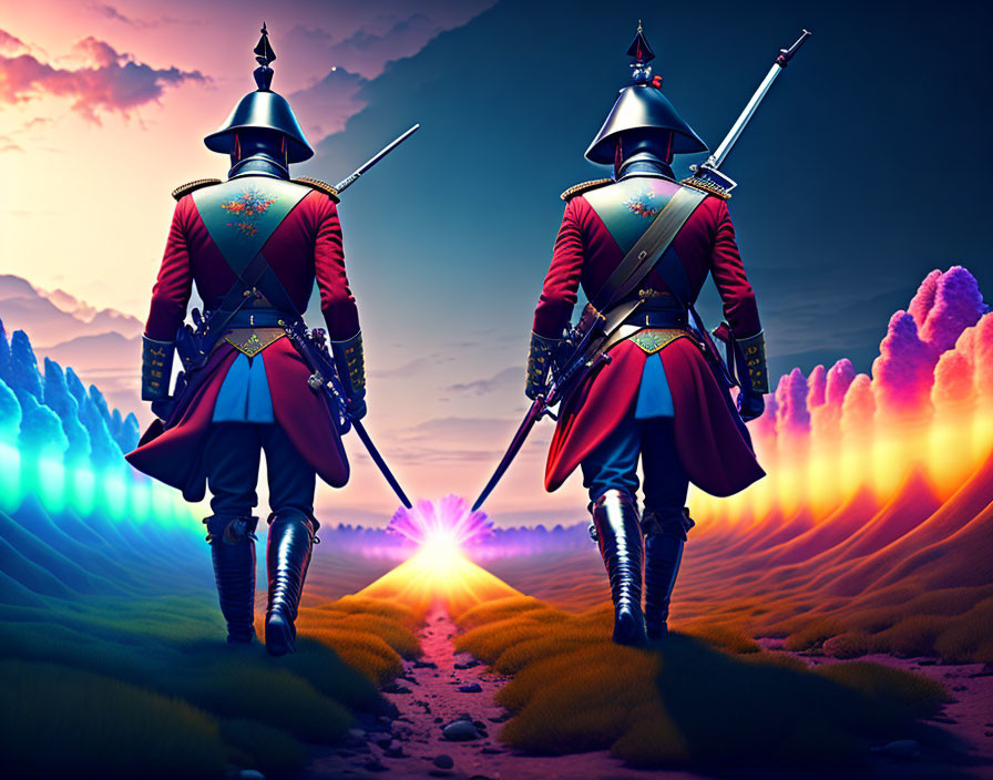 Ornate armor-clad knights in surreal landscape with colorful clouds