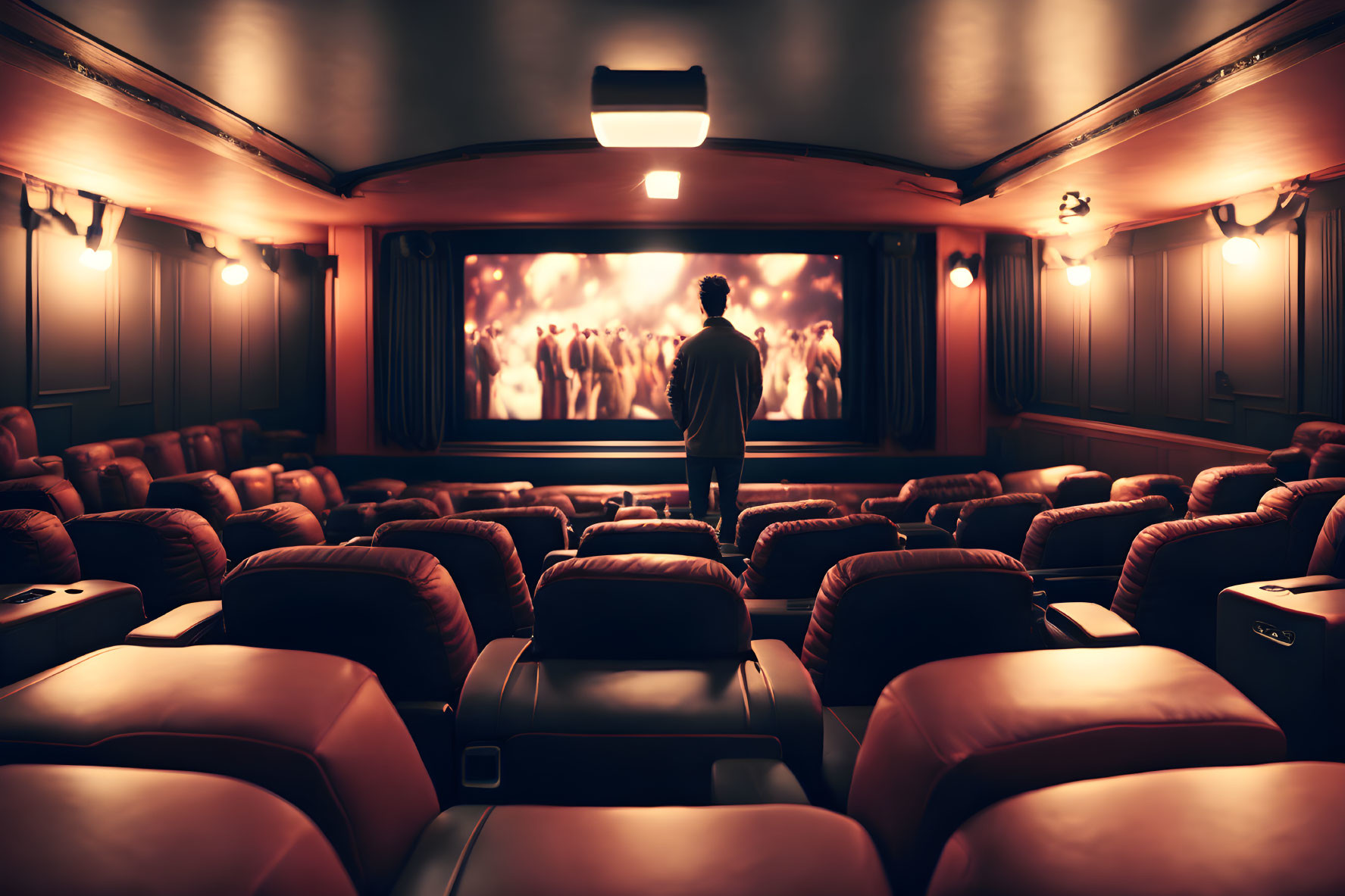 Empty red seats surround person in center aisle of movie theater