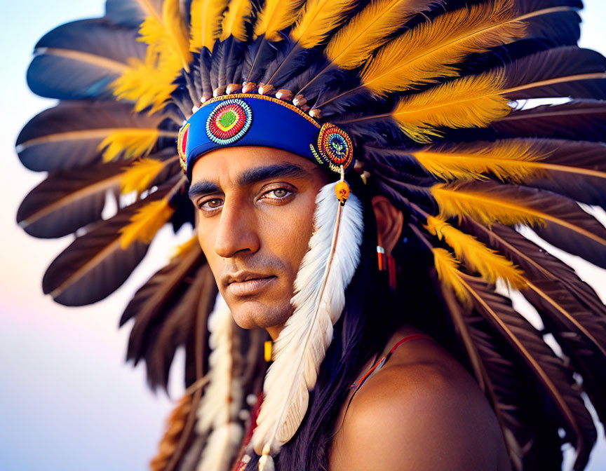 Person in Native American headdress with feathers and beaded headband gazes at camera