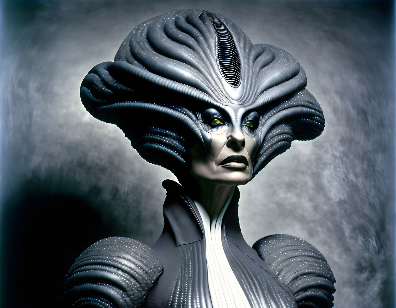 Elaborate Alien Figure with Piercing Eyes and Textured Suit