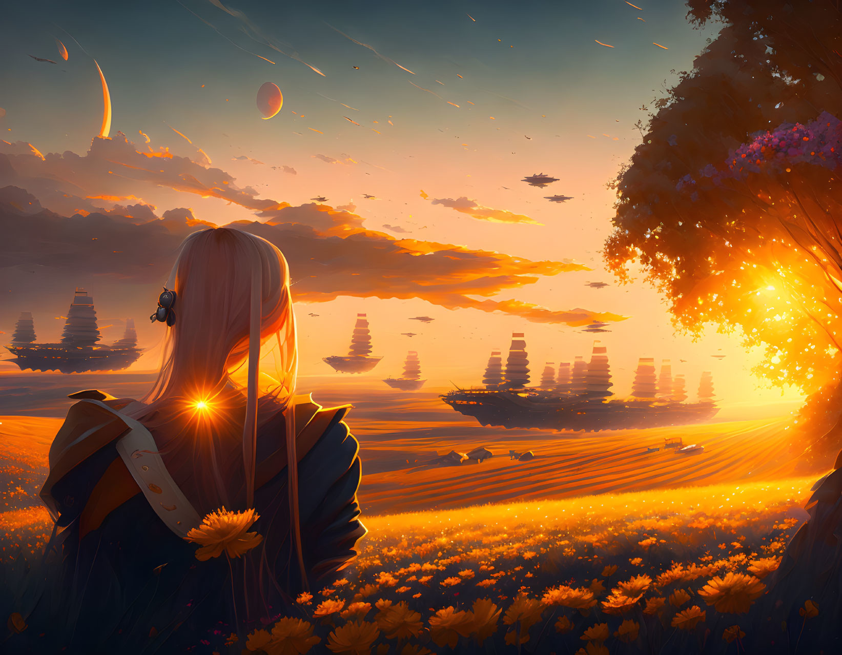 Person observing sunset with floating islands, moons, and vibrant sky.