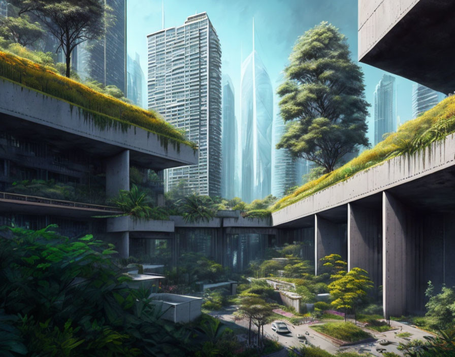 Futuristic cityscape with skyscrapers and greenery