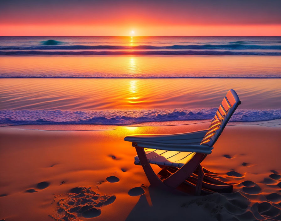 Tranquil sunset beach scene with chair, warm sky colors, gentle waves, footprints