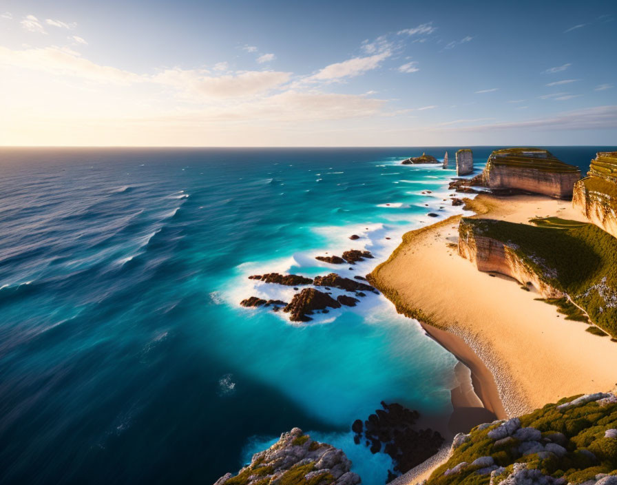 Cliffside beach with turquoise waters and rock formations at sunset