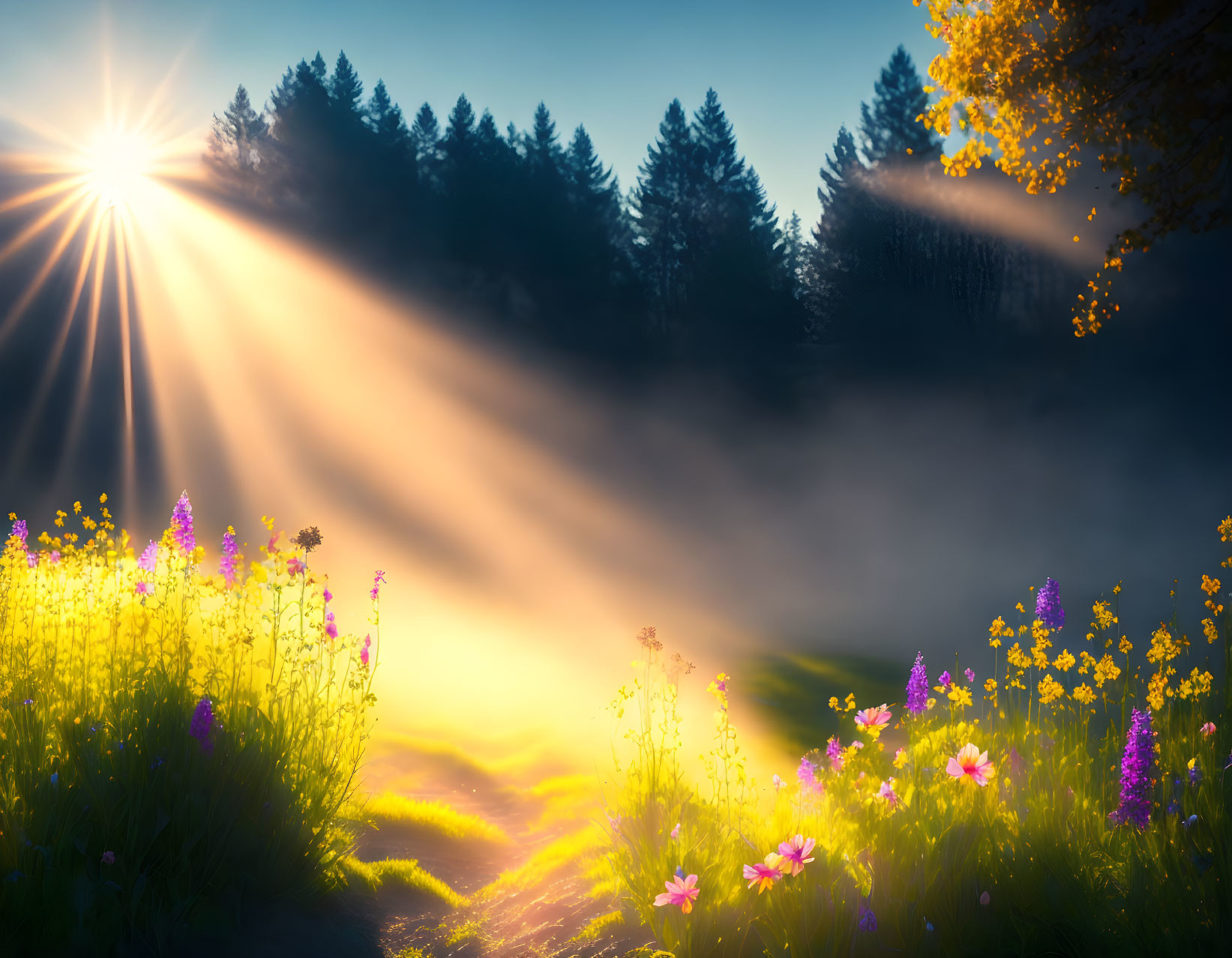 Foggy forest sunrise over colorful wildflower meadow