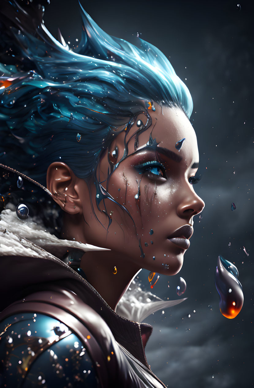 Digital artwork featuring woman with blue hair and markings in cosmic setting